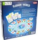 Achterkant van het bordspel "Vlaggen rond de Wereld Kennisquiz", met speelbord, kaarten, regels en productinformatie.