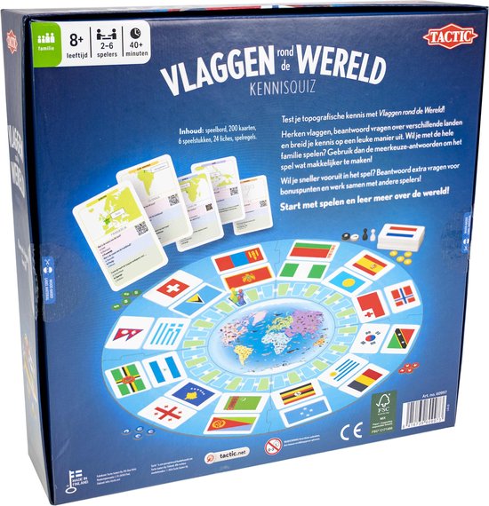 Achterkant van het bordspel "Vlaggen rond de Wereld Kennisquiz", met speelbord, kaarten, regels en productinformatie.