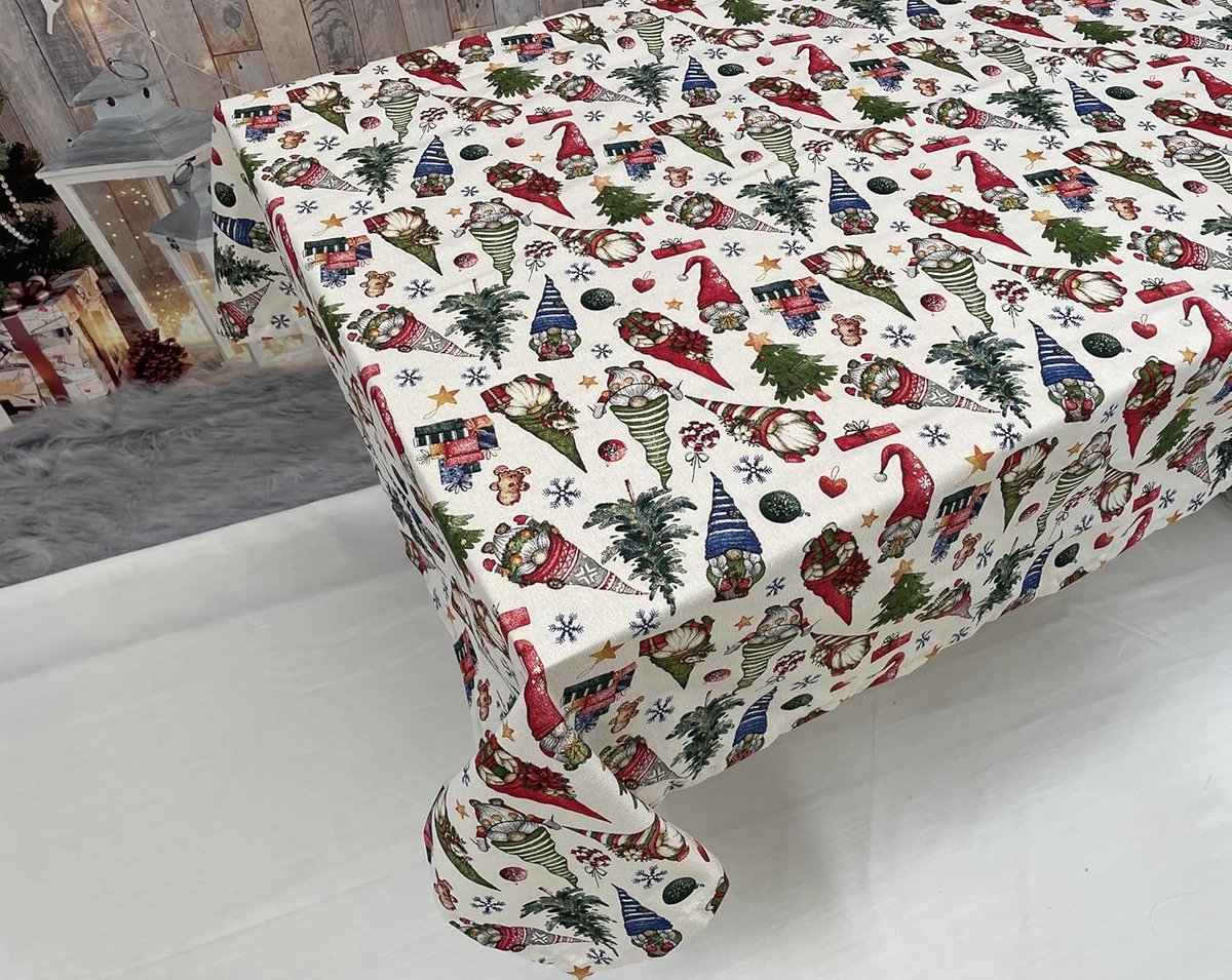 Kerst tafelkleed met dwergen en elfen met Lurex glittereffect, Rechthoekig