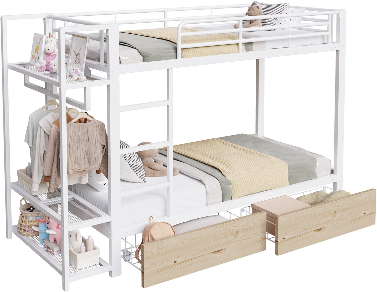 Wishdor Stapelbed 90 x 200 cm - LED-App-Bediening en 2 Lades - Meerdere Planken - Handige Geïntegreerde Droogstang - Multifunctioneel - Geschikt voor Kinder- en Tienerkamer - Fris Wit Frame - Metaal en MDF - Wit