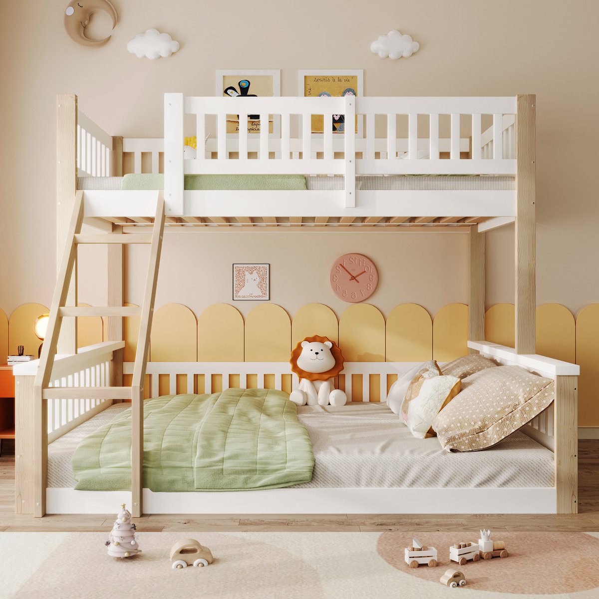 Wishdor Stapelbed 90x200/140x200 cm - Ladder en Uitvalbeveiliging - Eenvoudige Natuurlijke Stijl - Massief Grenenhout - Geschikt voor Kinderkamer en Logeerkamer - Lichte en Luchtige Look - Grenenhout, MDF en Multiplex - Wit en Naturel Wit+Natuurlijk
