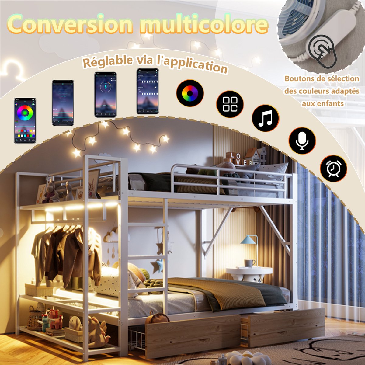 Wishdor Stapelbed 140 x 200 cm - LED-App-Bediening en 2 Lades - Planken en Handige Kledingstang - Multifunctioneel - Geschikt voor Tiener- en Studentenkamer - Fris Wit Frame - Metaal en MDF - Wit