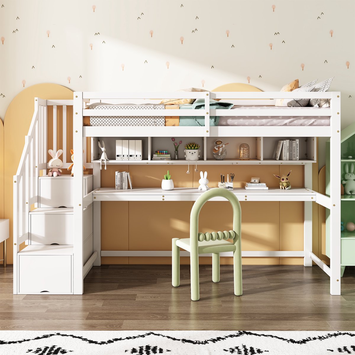 Wishdor Hoogslaper 90 x 200 cm – Opbergtrap en Ruim Bureau – Open Legplanken – Veilige Brede Antisliptrap – Geschikt voor Studie- en Kinderkamer – Massief Hout en MDF – Wit