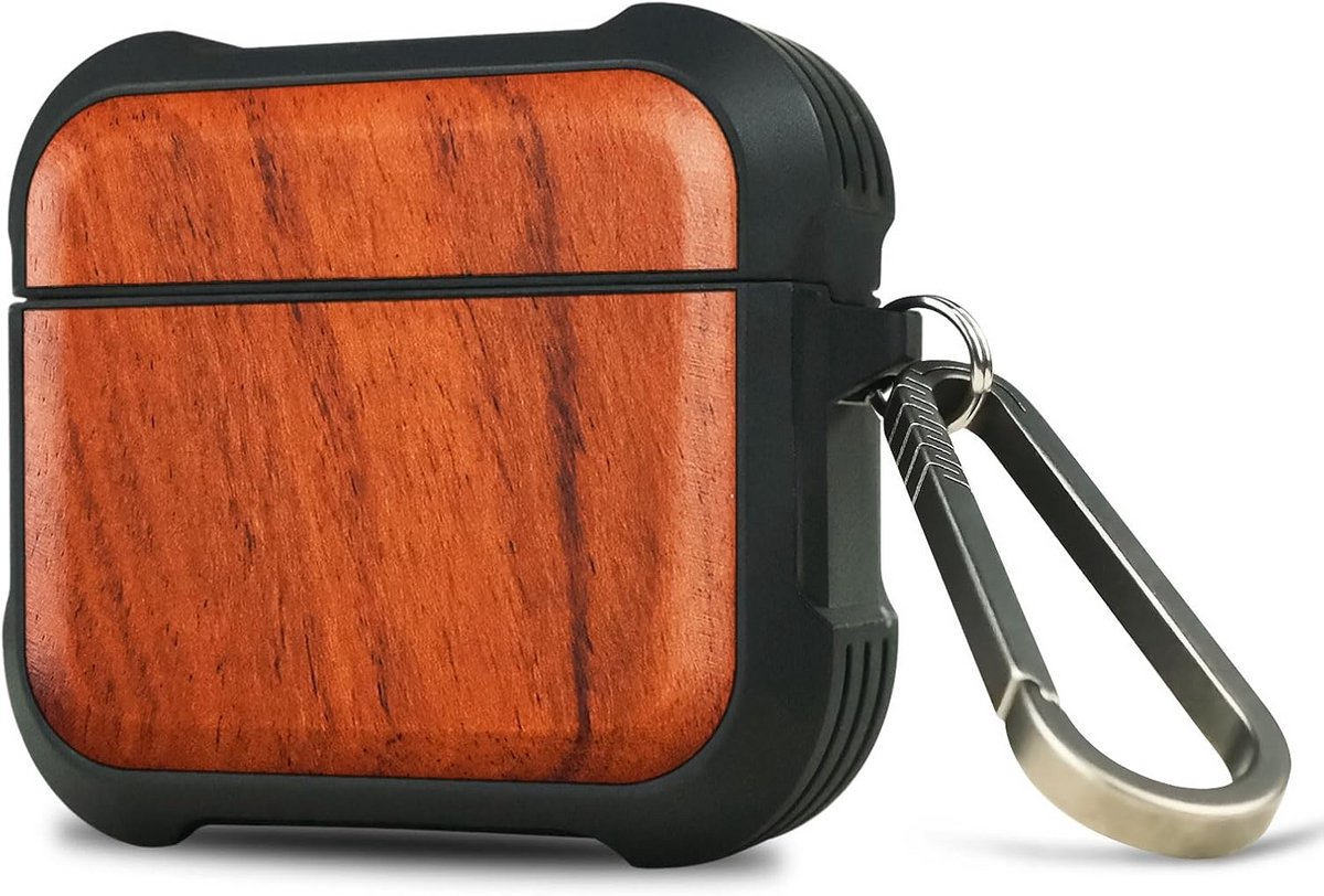 Houten Hoesje voor AirPods 4 Schokbestendig met Titanium Karabijnhaak
