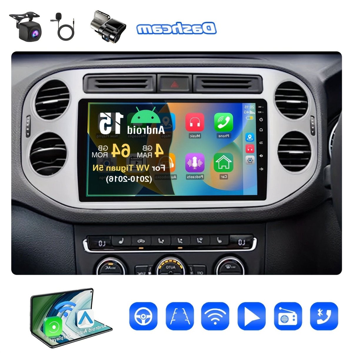 Autoradio VW Tiguan 2 DIN – Autoradiosysteem – Multimedia Speler – Navigatiesysteem – Touchscreen Radio – Met Dashcam en Achteruitrijcamera – 9 Inch IPS Display – Wireless CarPlay & Android Auto