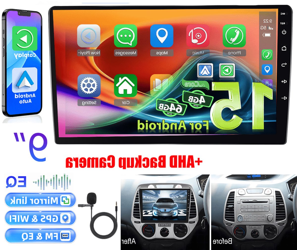 Android 15 Car Stereo – Autoradio – Multimedia Systeem – Navigatie – Touchscreen – 9 Inch 1280P IPS Scherm – Draadloze CarPlay & Android Auto – Inclusief AHD Achteruitrijcamera