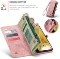 Roze telefoonhoesje met portemonnee, ritssluiting, kaartvakken en een telefoon met ontgrendelingsscherm.