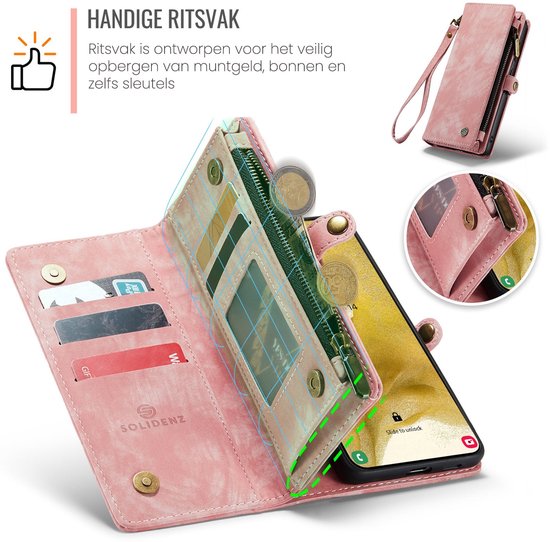 Roze telefoonhoesje met portemonnee, ritssluiting, kaartvakken en een telefoon met ontgrendelingsscherm.