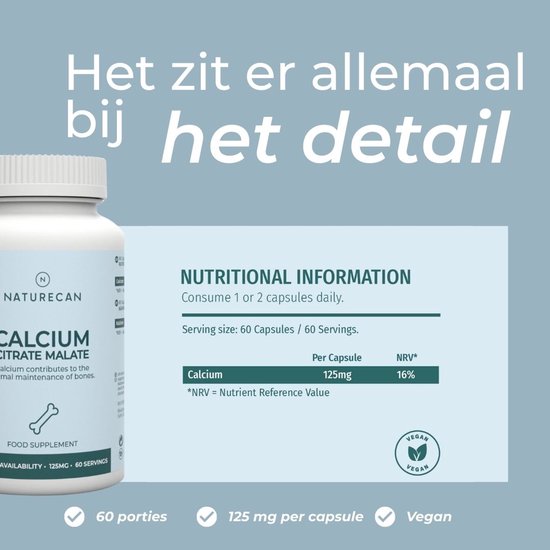 Pot Naturecan Calcium Citraat Malaat met voedingsinformatie, 125 mg per capsule, 60 porties, vegan.