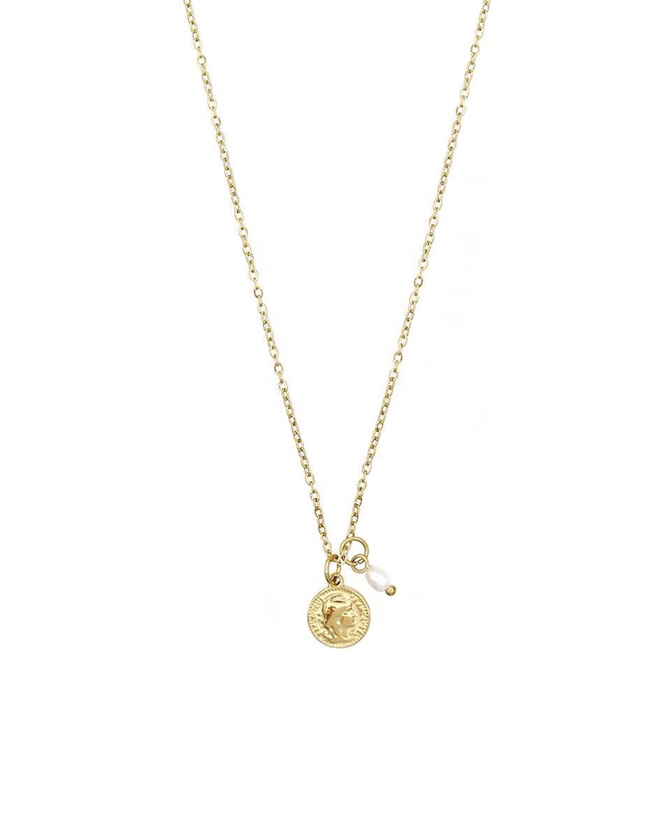 Mint15 Ketting met klein muntje (8mm) en echte zoetwaterparel (4mm) - Goudkleur RVS/Stainless Steel