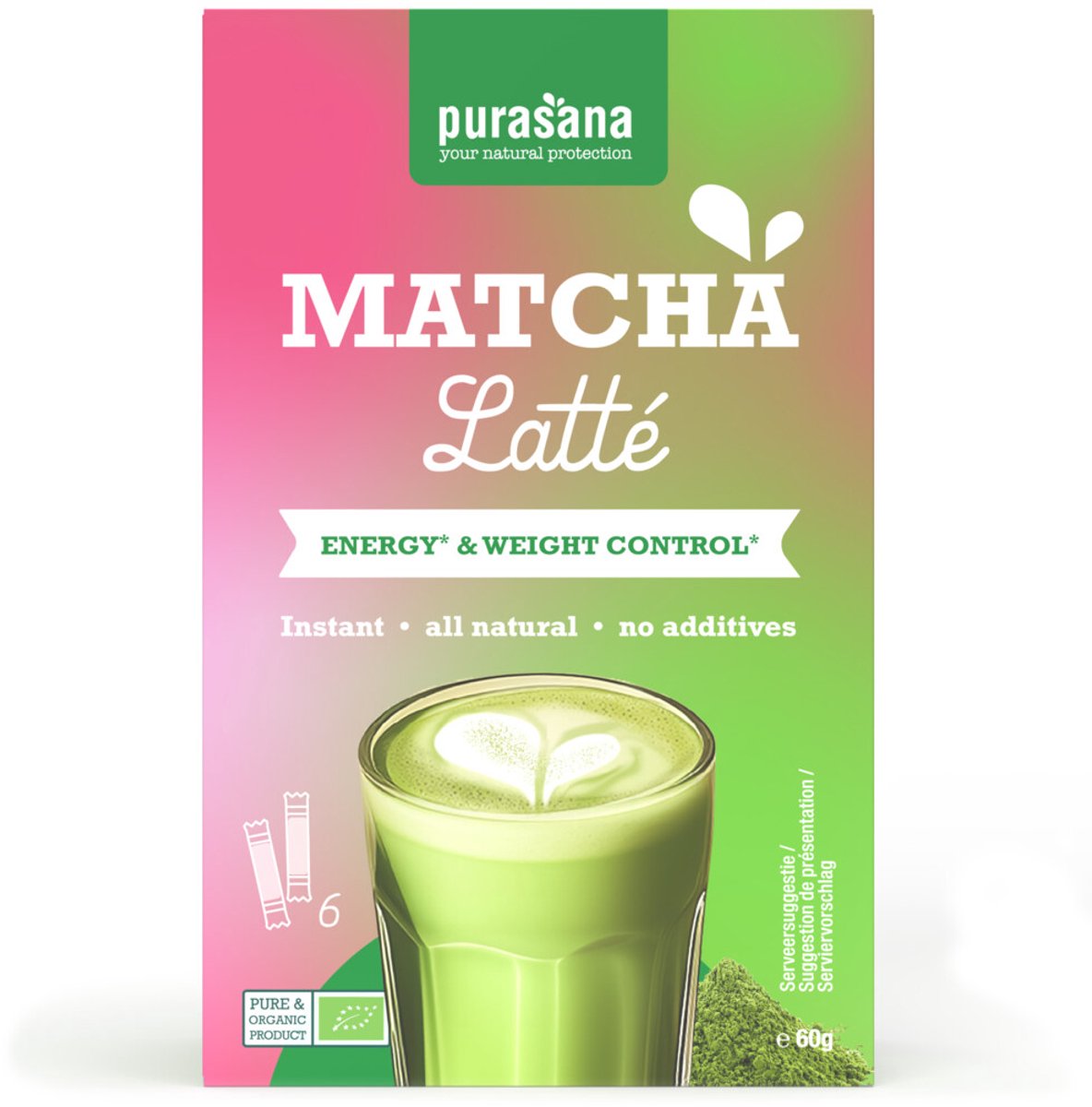 Purasana Latté Matcha BIO - 6 x 6 x 10 gr - Voordeelverpakking