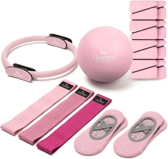 ClearMind® Pilates Set 9-Delig – Pilates Ring, Bal, 3 Weerstandsbanden, Antislip Sokken & Enkel- en Polsgewichten – Complete Pilates Startset voor Thuis – Core & Full Body – Roze