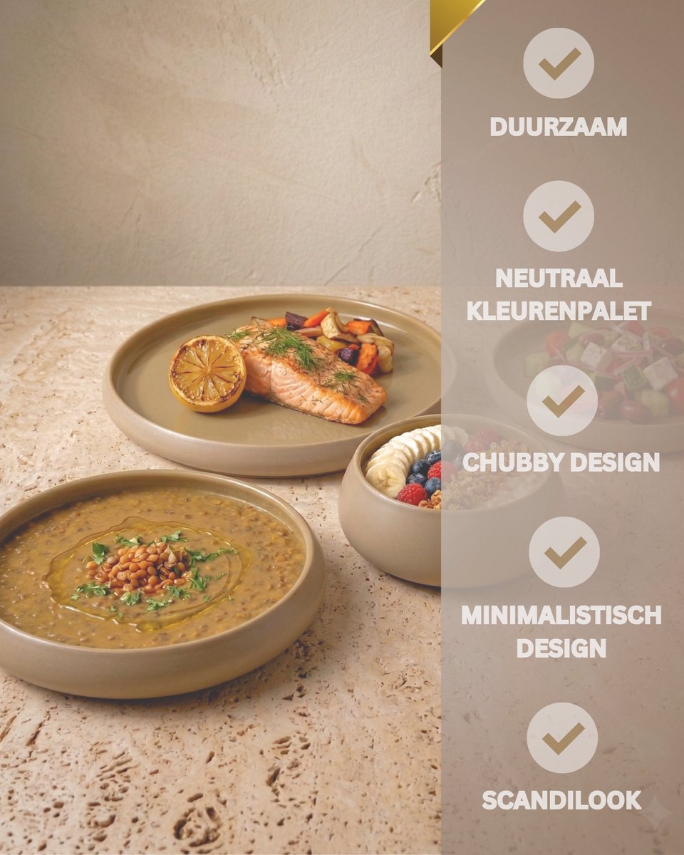 Bavary Chubby Serviesset 24-delig Porselein - Beige - 6 Personen - Mat buiten/Glanzend Binnen - Vaatwasser- & Magnetronbestendig — afbeelding 2