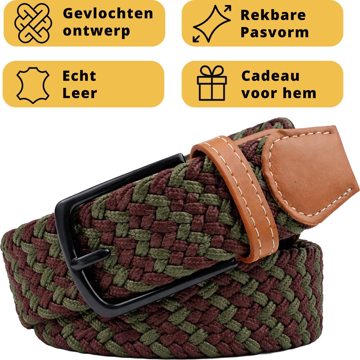 Garzini Elastische Riem Heren - Gevlochten Broekriem Heren zonder gaatjes - Broekriem zonder gaatjes - W31-W33 (91-99 cm) - Groen Bruin