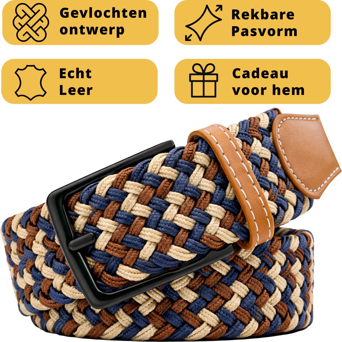 Garzini Elastische Riem Heren - Gevlochten Broekriem Heren zonder gaatjes - Broekriem zonder gaatjes - W31-W33 (91-99 cm) - Bruin Beige Blauw