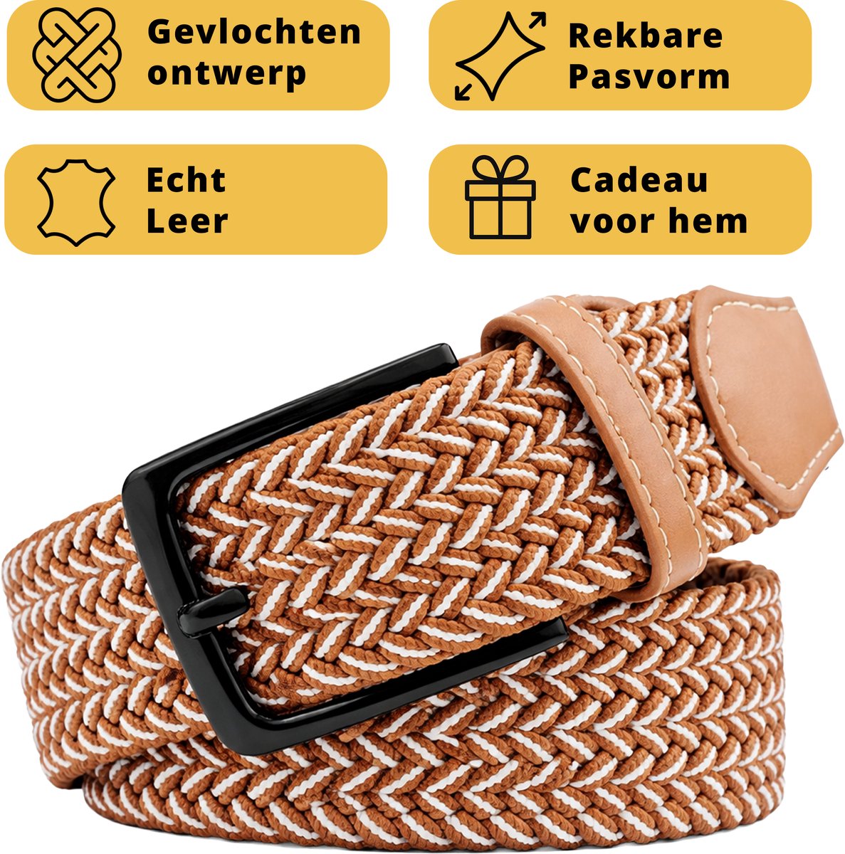 Garzini Elastische Riem Heren - Gevlochten Broekriem Heren zonder gaatjes - Broekriem zonder gaatjes - W31-W33 (91-99 cm) - Bruin Wit