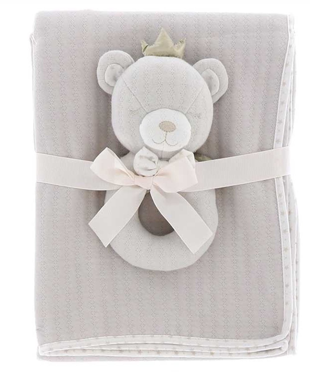 Luxe Baby Cadeauset - Flanellen Babydeken 100x75 cm met Beren Rammelaar - Zacht Kraamcadeau - Beige