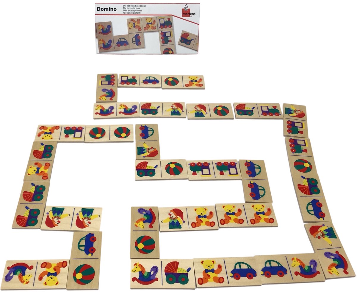 kinderdomino 30 delig van hout in kartonnen doos domino