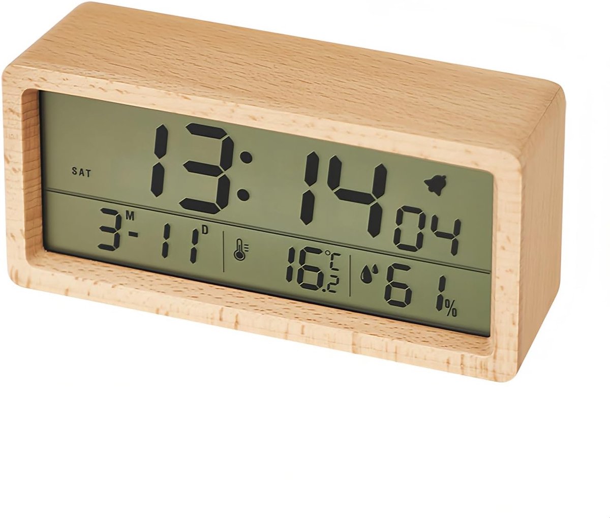 Elektronische houten wekker met groot LCD-scherm, temperatuur- en vochtigheidsmeter, zacht nachtlampje, datum- en weekdagweergave, sluimerfunctie