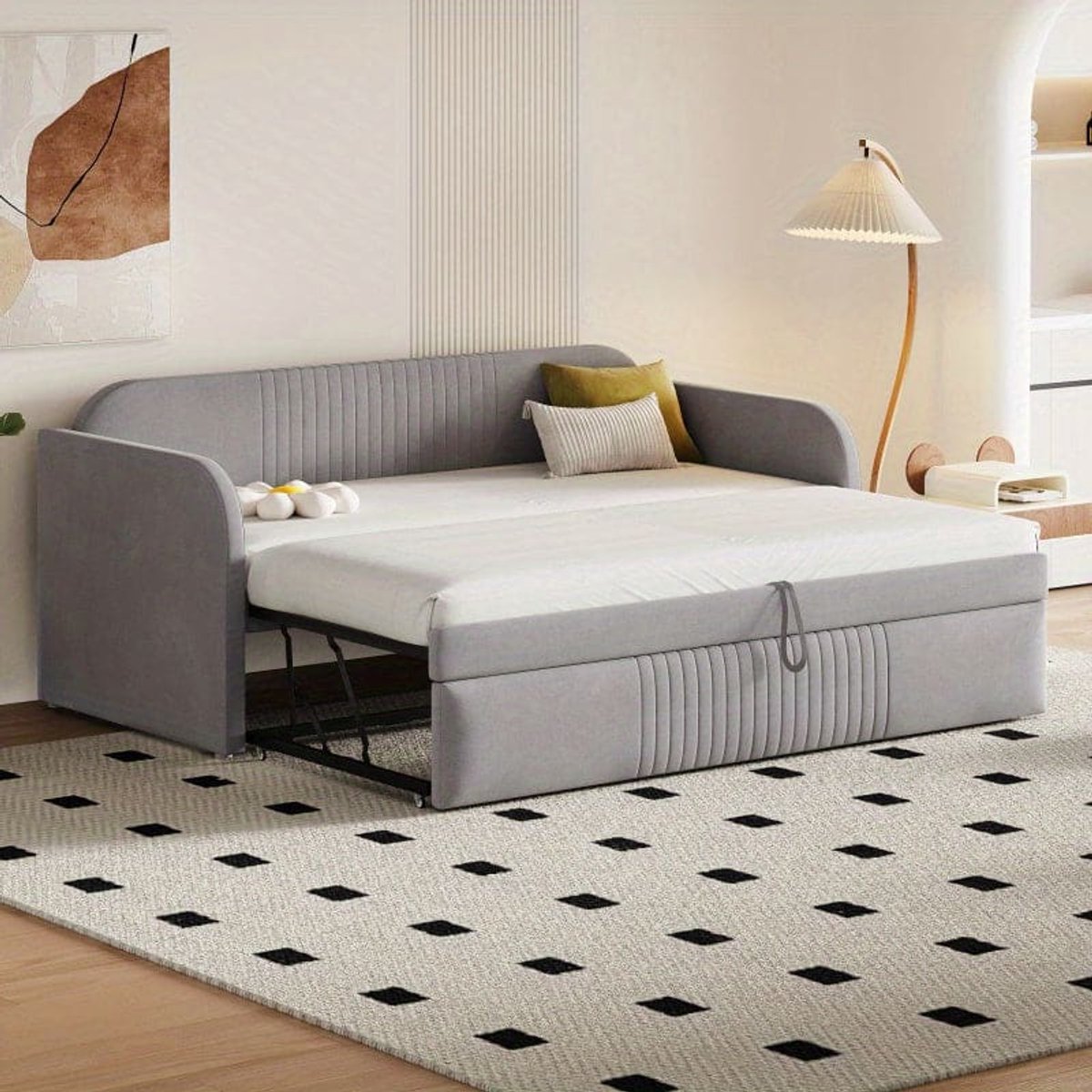 Uittrekbank – Slaapbank – Slaapbed – Bedbank – Uitklapbed – 90x190 cm Uitklapbaar – Ademend Linnen Stof – Stevig Lattenbodem