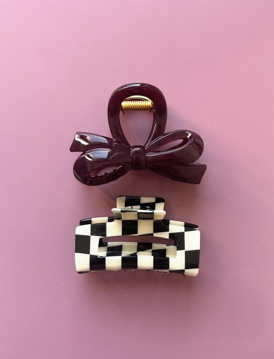 Haarklip - 2 stuks - geblokte haarclip - burgundy haarlclip - zwarte haarclip - haarklem - haarklemmen - haarband - Haarbanden - haarband dames -