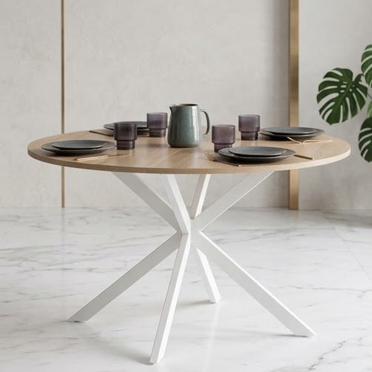 Ronde eettafel Serena Ø110 cm - Spider Voet - Hout & Wit - Moderne Scandinavische eettafel voor 6 personen - Metaal Onderstel - Ideaal voor Keuken & Woonkamer Casa Serena – 110 cm – Casa Dorada