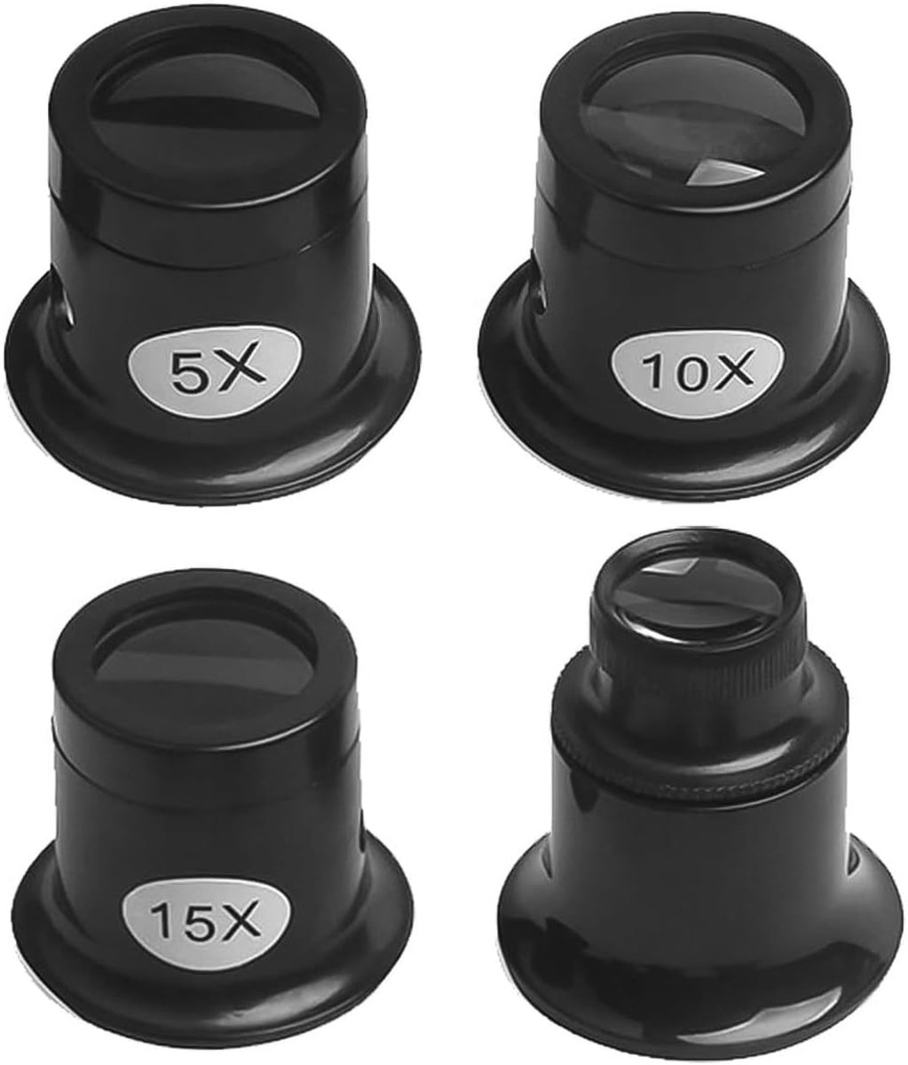 Horlogemakers Loep Set - Juweliers Vergrootglas - Precisie Reparatie - Vier Vergrotingsniveaus - 3cm Hoog 2.7cm Diameter - Zwart