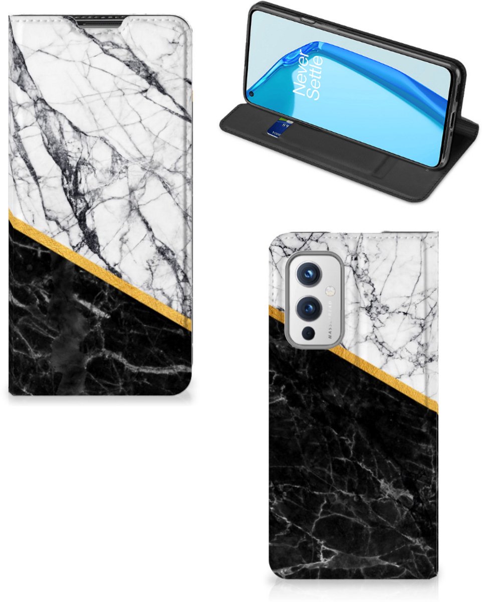 OnePlus 9 Standcase Marmer Wit Zwart - Origineel Cadeau Man