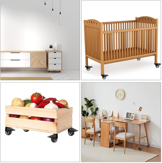 Vier afbeeldingen tonen meubelwielen onder een babybedje, ladekast, houten krat met groenten en een bureau.