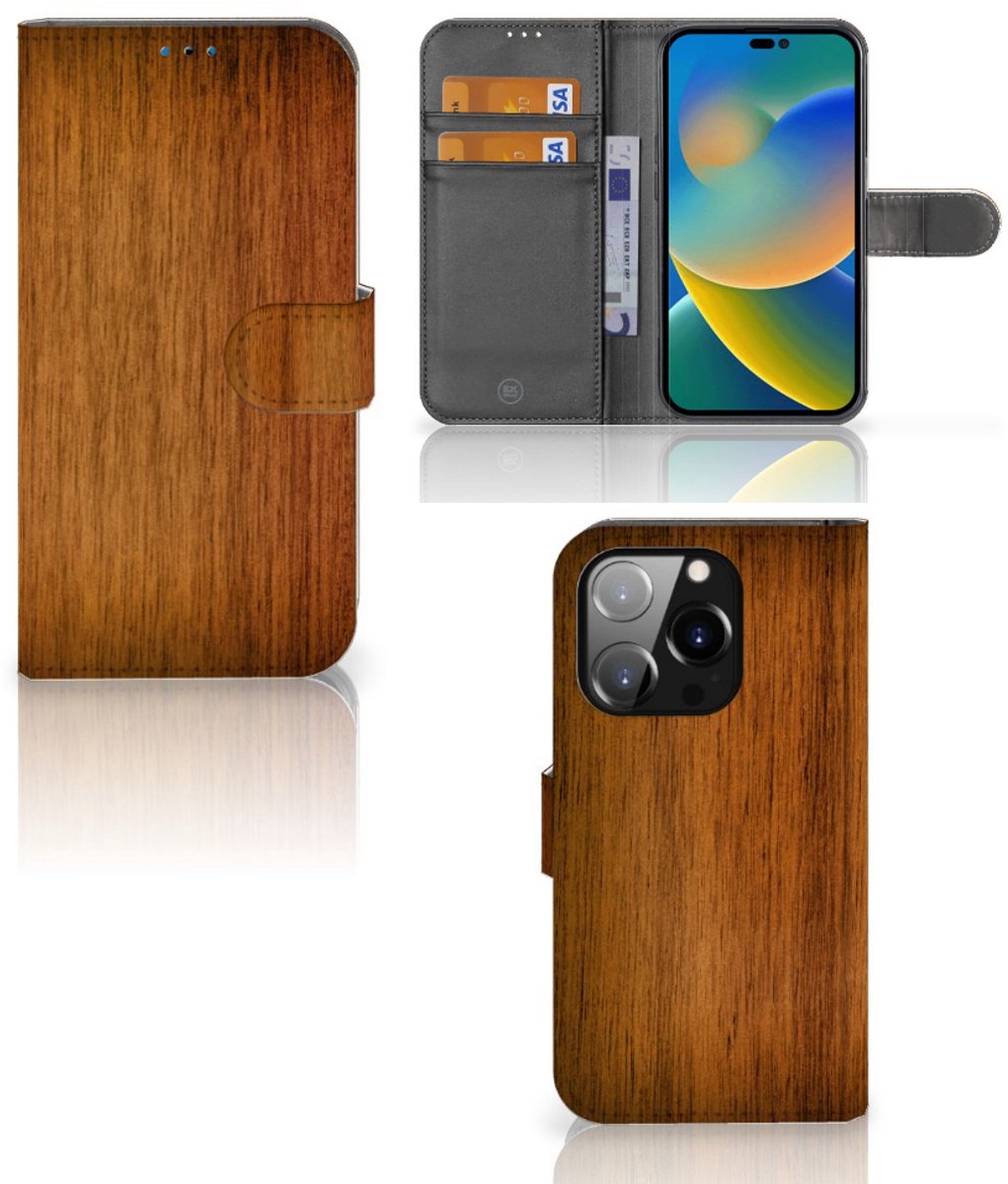 iPhone 14 Pro Book Style Case Donker Hout