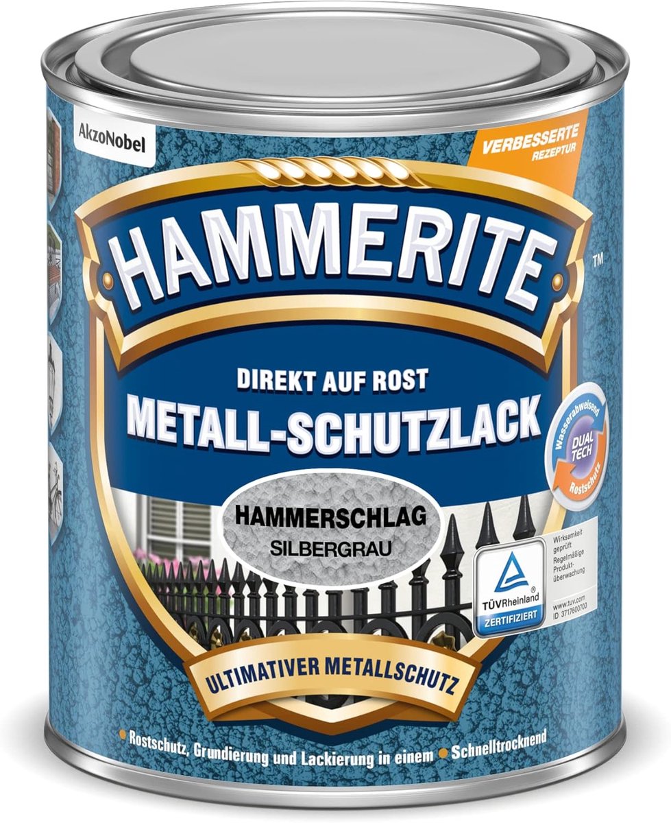 Metaalbeschermende lak hamerslag zilvergrijs 750ml - 3-in-1 roestbescherming voor ijzer en non-ferrometalen