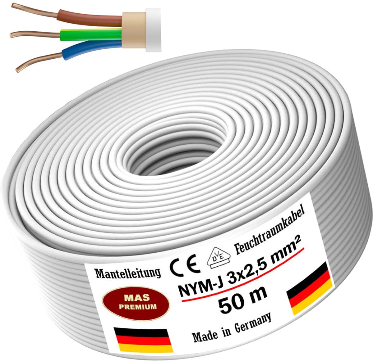 Kabel voor vochtige ruimtes 3 x 2,5 mm² - 20m, 50m of 100m voor vaste installatie