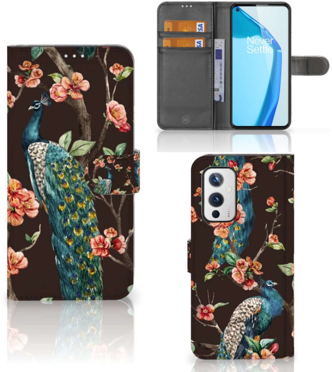 Book Case voor OnePlus 9 Telefoonhoesje met Pasjes Pauw met Bloemen
