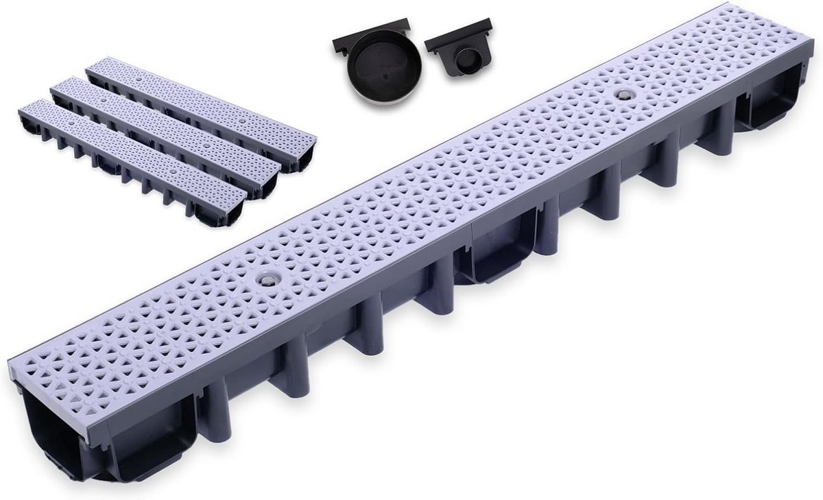 Moderne Afvoergoot Set 98 mm voor Tuin en Terras, Inclusief 2 Afvoeraansluitingen, 3 Meter, Geschikt voor Auto's