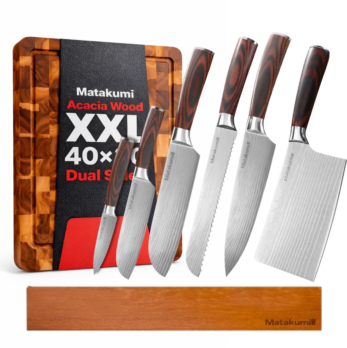 Matakumi 8-delige Messenset Damascus Stijl met Houten Snijplank & Messenmagneet - Japanse Keukenmessen - Perfect Voor Hobbykoks en de Professionele Keuken