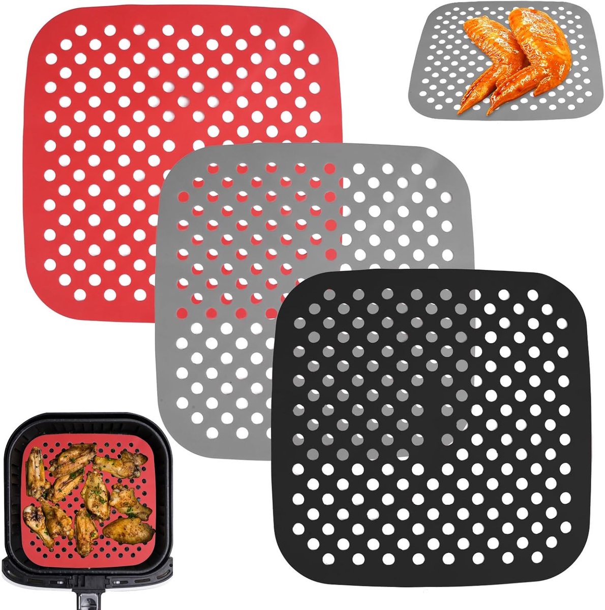 Luchtfriteuse Siliconen Matten - Set van 3, Geperforeerde Anti-aanbak Liner voor Airfryer, 21,5 x 21,5 cm