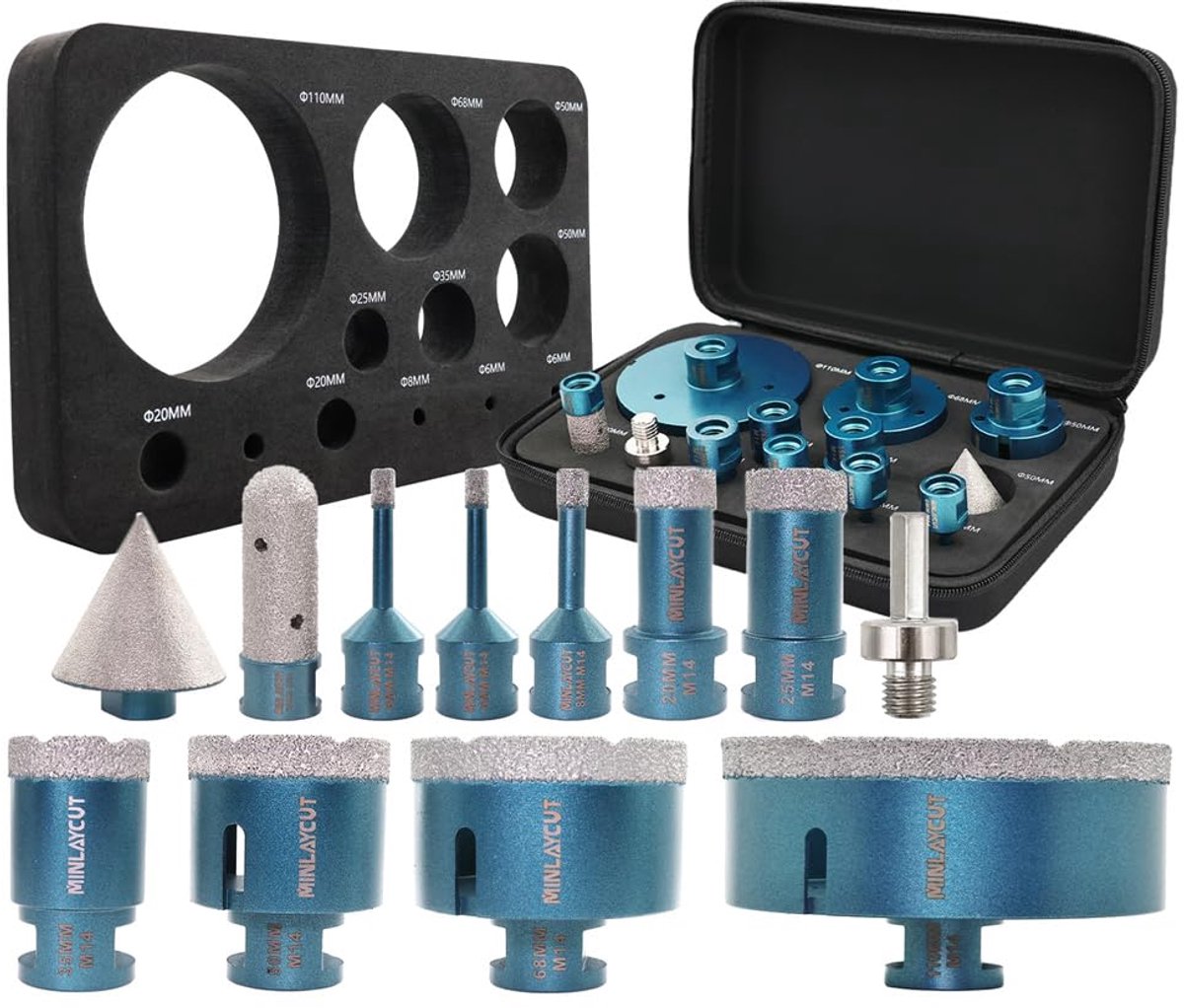 Diamanttegelboor Set - 12 Stuks M14 Met Adapter Voor Tegels, Porselein, Graniet En Marmer
