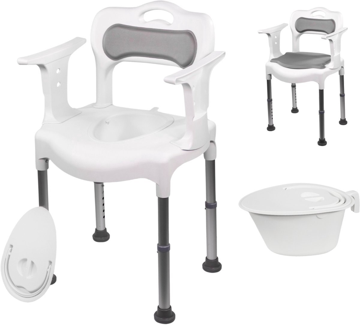 Plaza Care Chair Douchestoel & Toiletstoel 2-in-1 – Met Toiletemmer – Afneembare Rug en Armleuning – Anti slip - Verstelbare Hoogte - Douchekruk - Badkamerstoel – Wit/Grijs