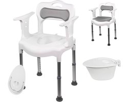Plaza Care Chair Douchestoel & Toiletstoel 2-in-1 – Met Toiletemmer – Afneembare Rug en Armleuning – Anti slip - Verstelbare Hoogte - Douchekruk - Badkamerstoel – Wit/Grijs