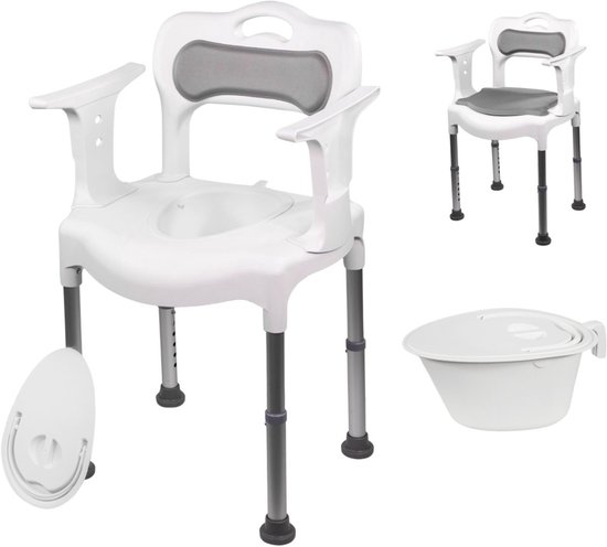 Witte douchestoel met grijze zitting, rugleuning, armleuningen, toiletpot en po.