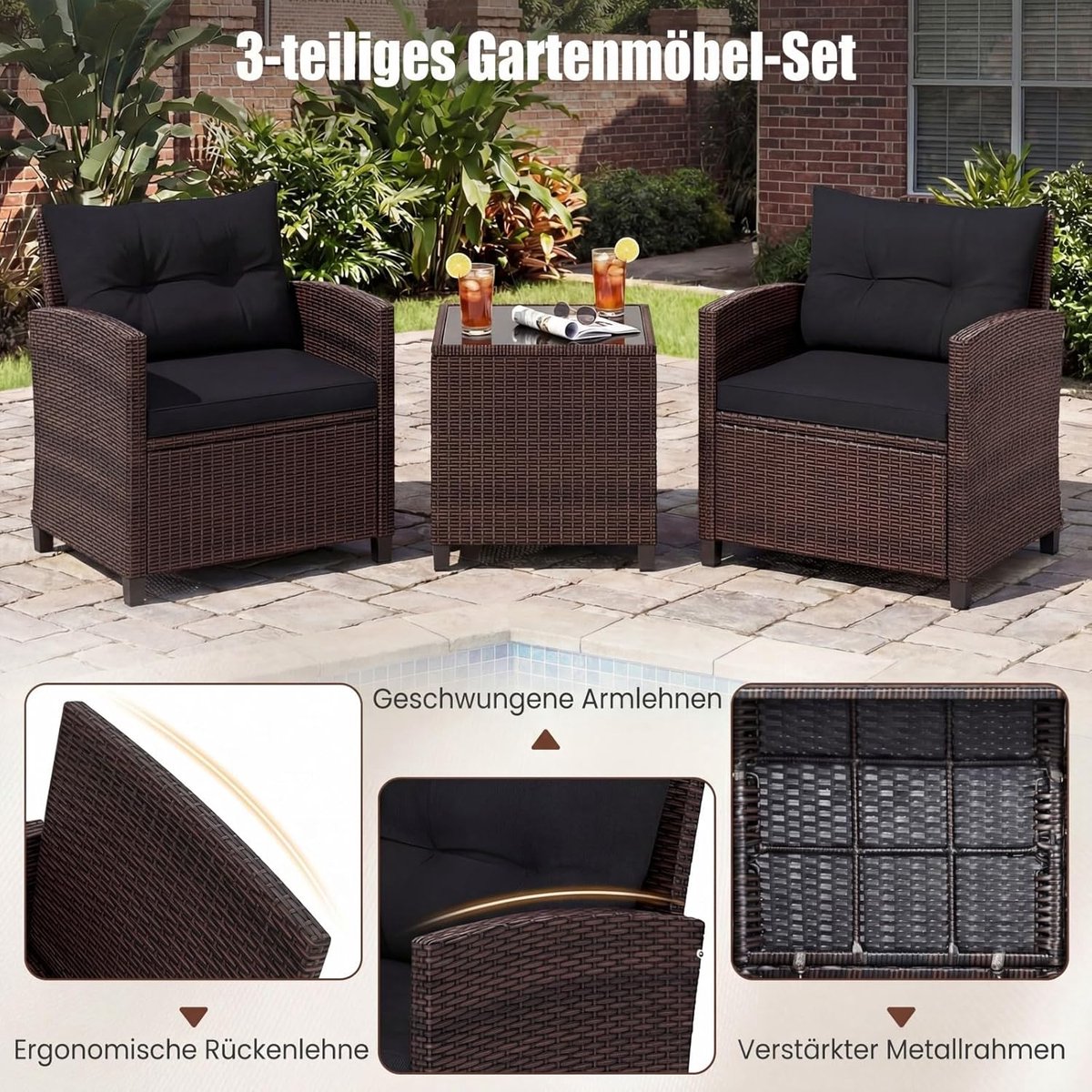 COSTWAY 3-delige set rotan tuinmeubelen, polyrotan zitgroep, 2