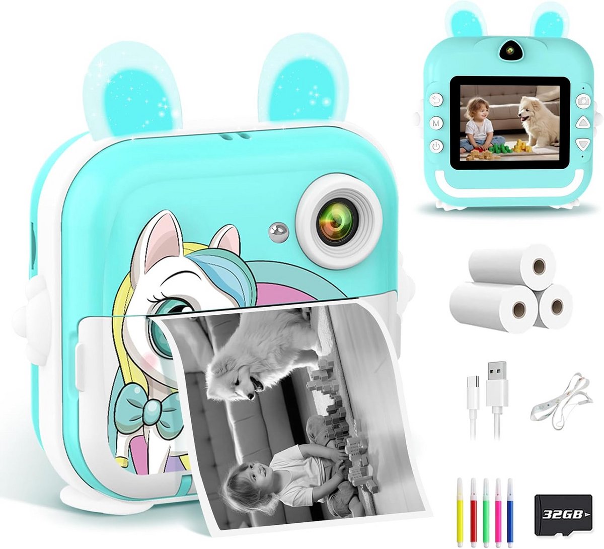 Onmiddellijke kindercamera, 2,4 inch, 1080p, digitale camera voor kinderen, met fotopapier, print en 32 GB kaart, speelgoed, kerstcadeau voor jongens en meisjes van 4 tot 12 jaar