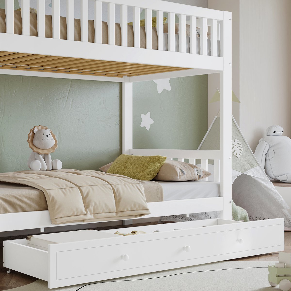 MIVRAY Stapelbed 90x200 cm - Met Rechte 4 Treden Ladder En Vierzijdige Uitvalbeveiliging - Zonder Matras - Massief Hout En MDF - Wit
