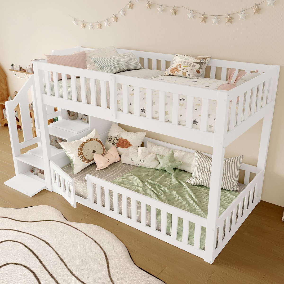 MIVRAY Stapelbed 90x200 Cm - Laag Tweepersoons Kinderbed Met Opbergladder En Valbeveiliging - Met Lattenbodem - Hout - Wit