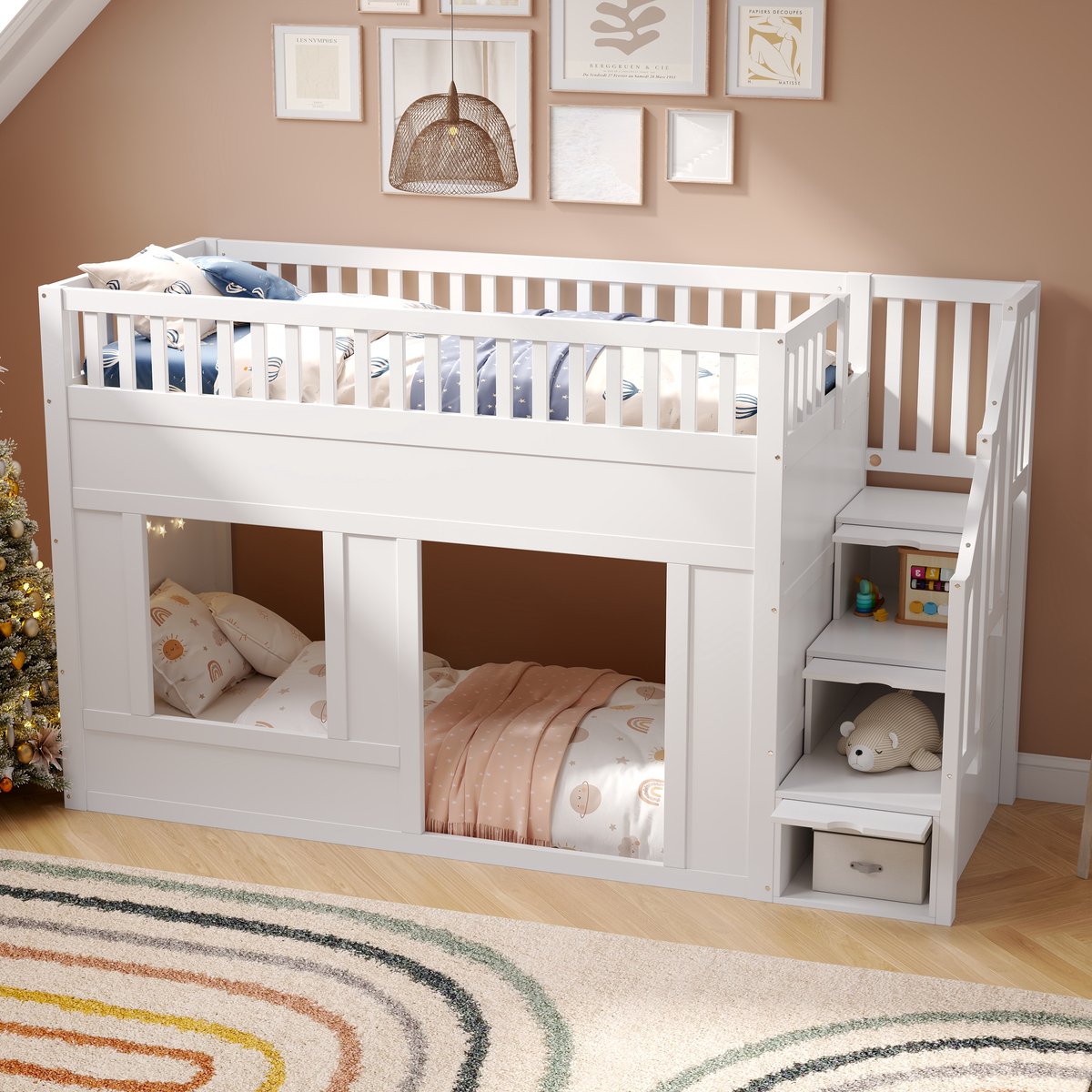 MIVRAY Halfhoogslaper 90x200cm - Kinderbed Met Trapkast En Opbergtreden - Met Lattenbodem - Massief Hout En MDF - Wit - Zonder Matras
