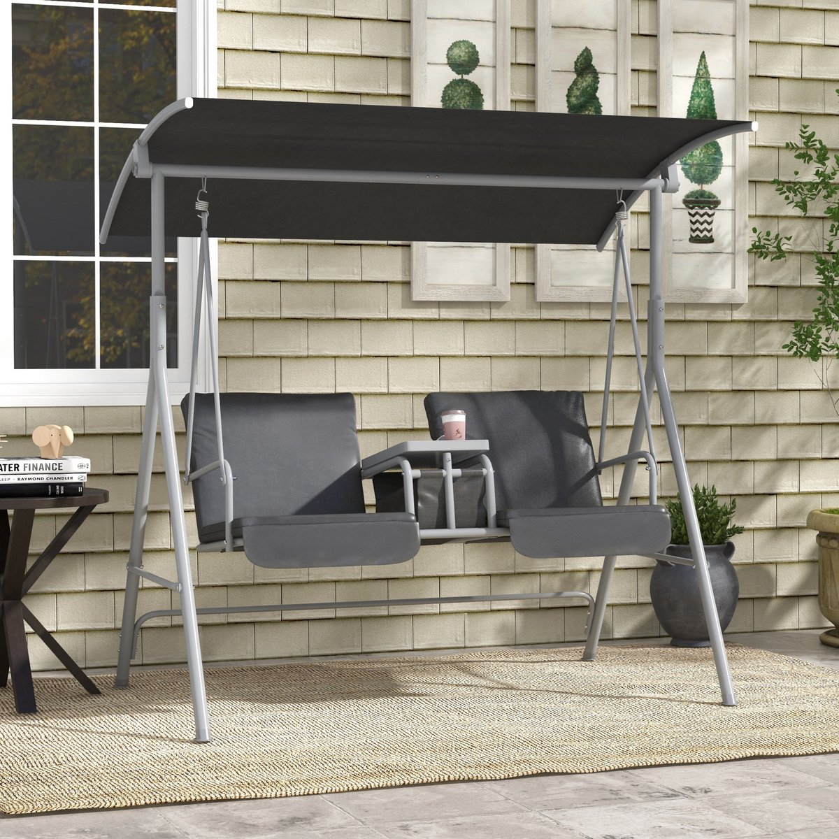 Wishdor - Tuinschommelbank Voor 2 Personen - Met Zonnedak En Midden Tafeltje Met Bekerhouders - Metalen Frame - Zwart - 175 X 110 X 165 Cm