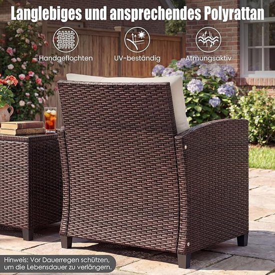 COSTWAY 3-delige bistroset 2 rotan stoelen & bijzettafel eucalyptushout, rotan balkonset zitgarnituur, tuinmeubelen, zitgroep