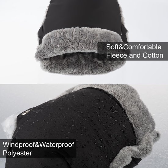 Handwarmer, kinderwagen, handschoenen, handmof met warme fleece en katoenen binnenkant, waterdicht en winddicht, handmof, universele maat voor kinderwagen, buggy (1 moedermelk-mossel, zwart) — afbeelding 3