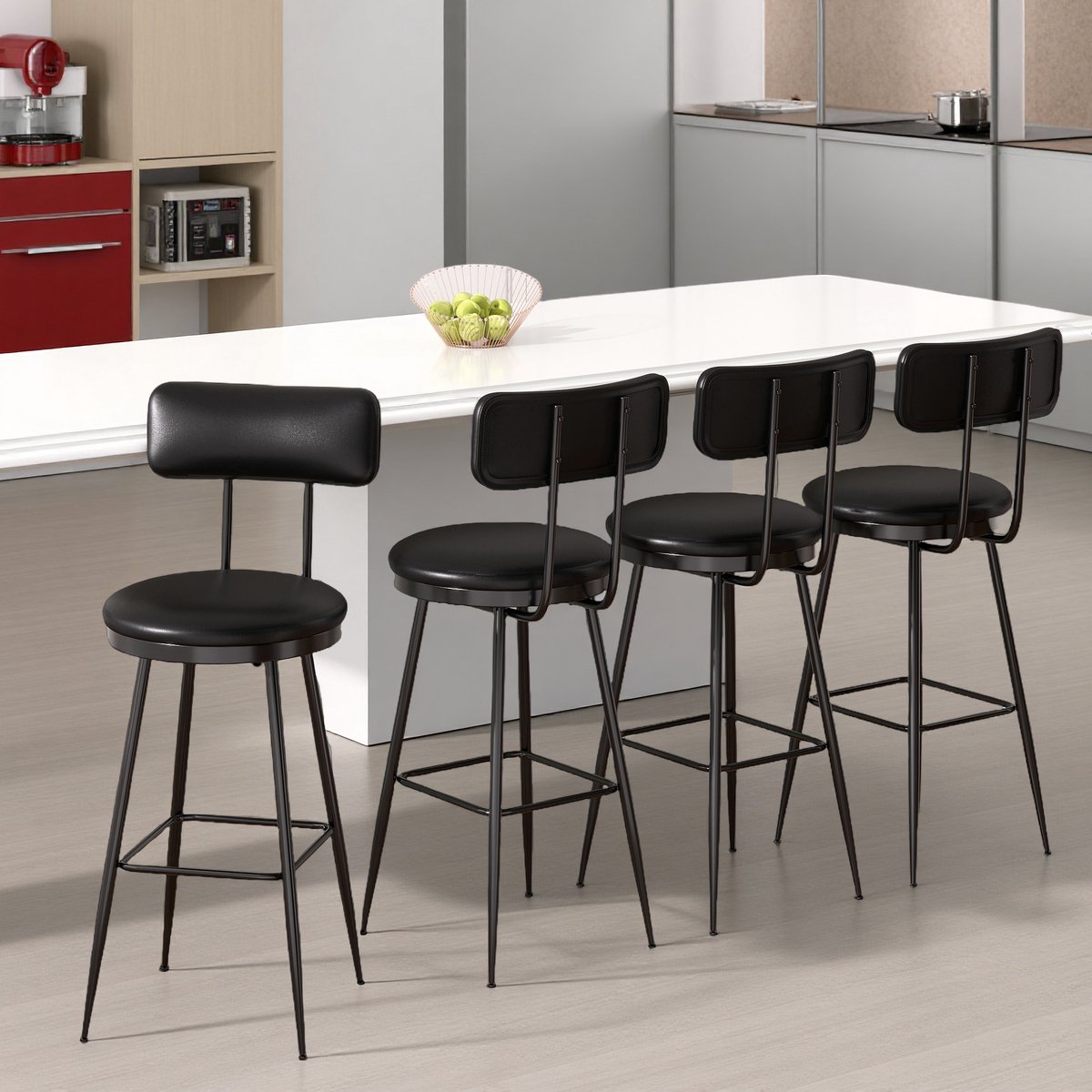 Set van 4 Barstoelen – Zwarte PU Leren Krukken – Moderne Comfortabele Barkrukken voor Keuken of Bar