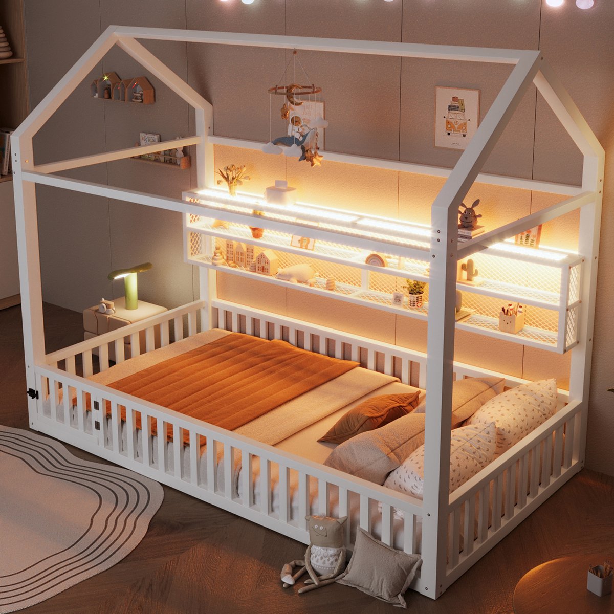 Wishdor Huisvormig bed 90x200 cm - Met veiligheidshek & ledverlichting - Metalen frame - Wit - Creëer een veilige en speelse haven
